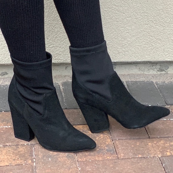 Black Genuine Suede Bold Heel Sock Ankle Booties - Picture 3 of 8